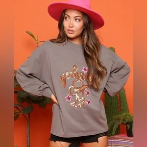 Fantastic Fawn Charcoal Yeehaw Star Sequin Patch Knit Western Top